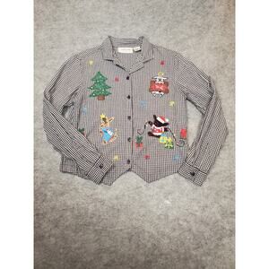 Lemon Grass Women's Small Black & White Check Button Up Christmas Theme Blouse